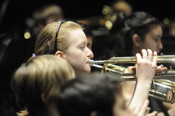 Two trumpet players side by side